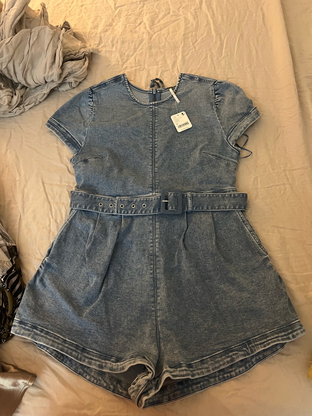 Free People Washed Blue Denim Short Sleeve Belted Romper